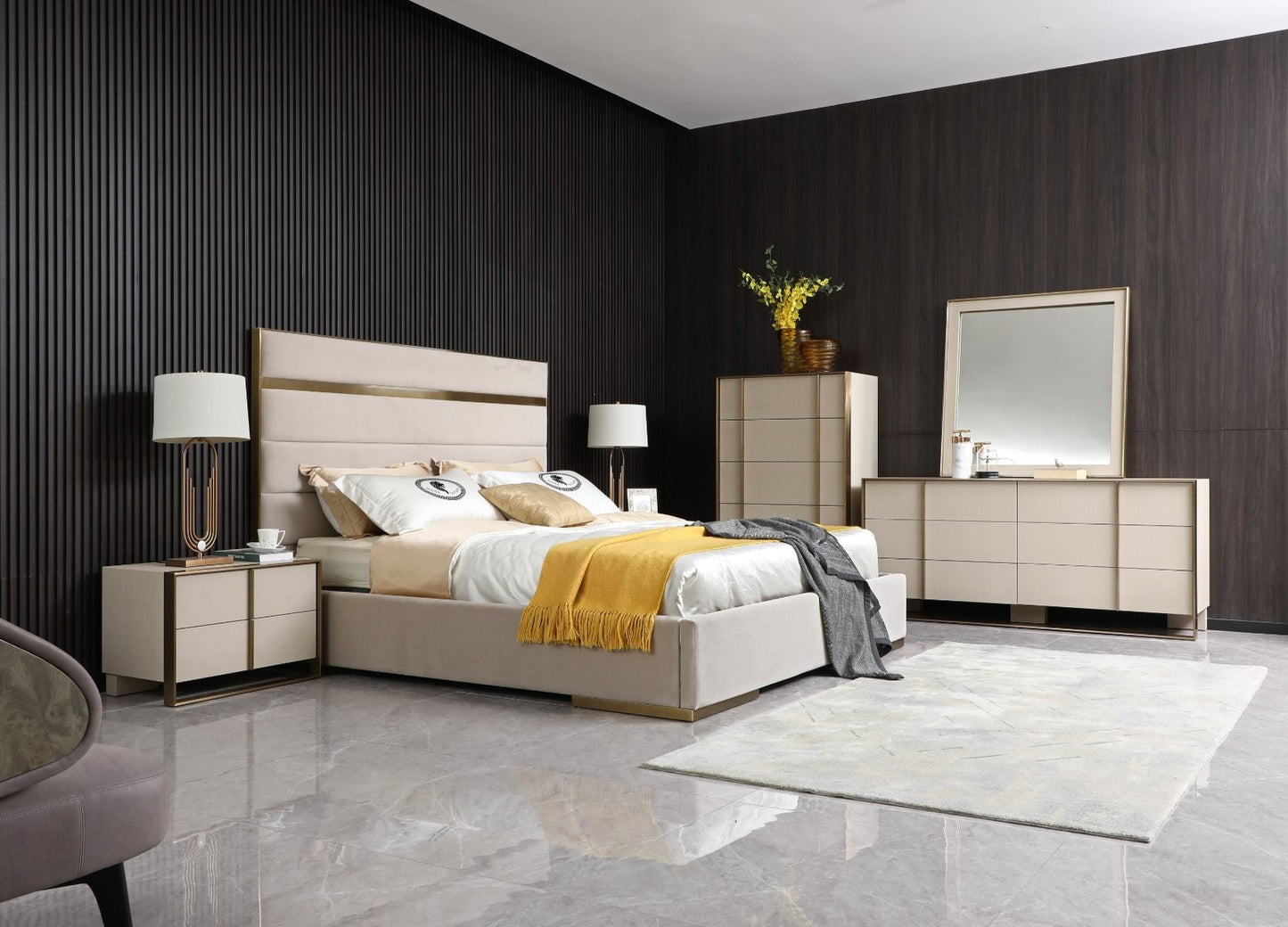 VG -MODREST CARTIER - BEIGE VELVET AND BRUSHED BRASS BED
