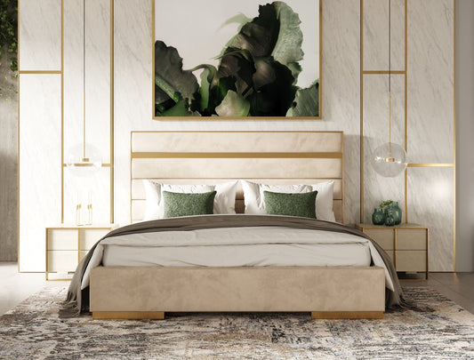 VG -MODREST CARTIER - BEIGE VELVET AND BRUSHED BRASS BED