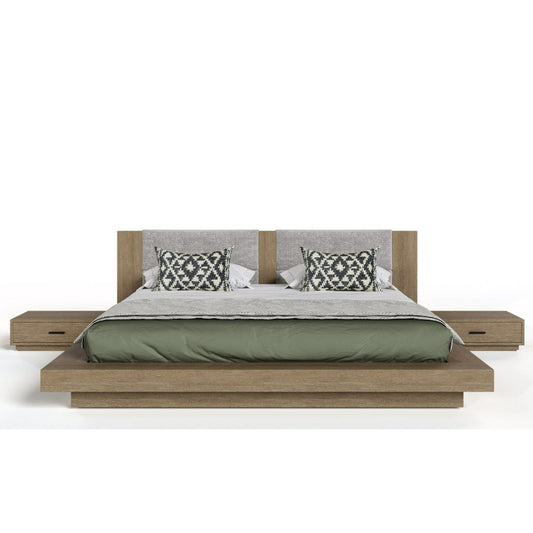 VG - NOVA DOMUS FANTASIA - CONTEMPORARY WALNUT & GREY BED WITH TWO NIGHTSTANDS