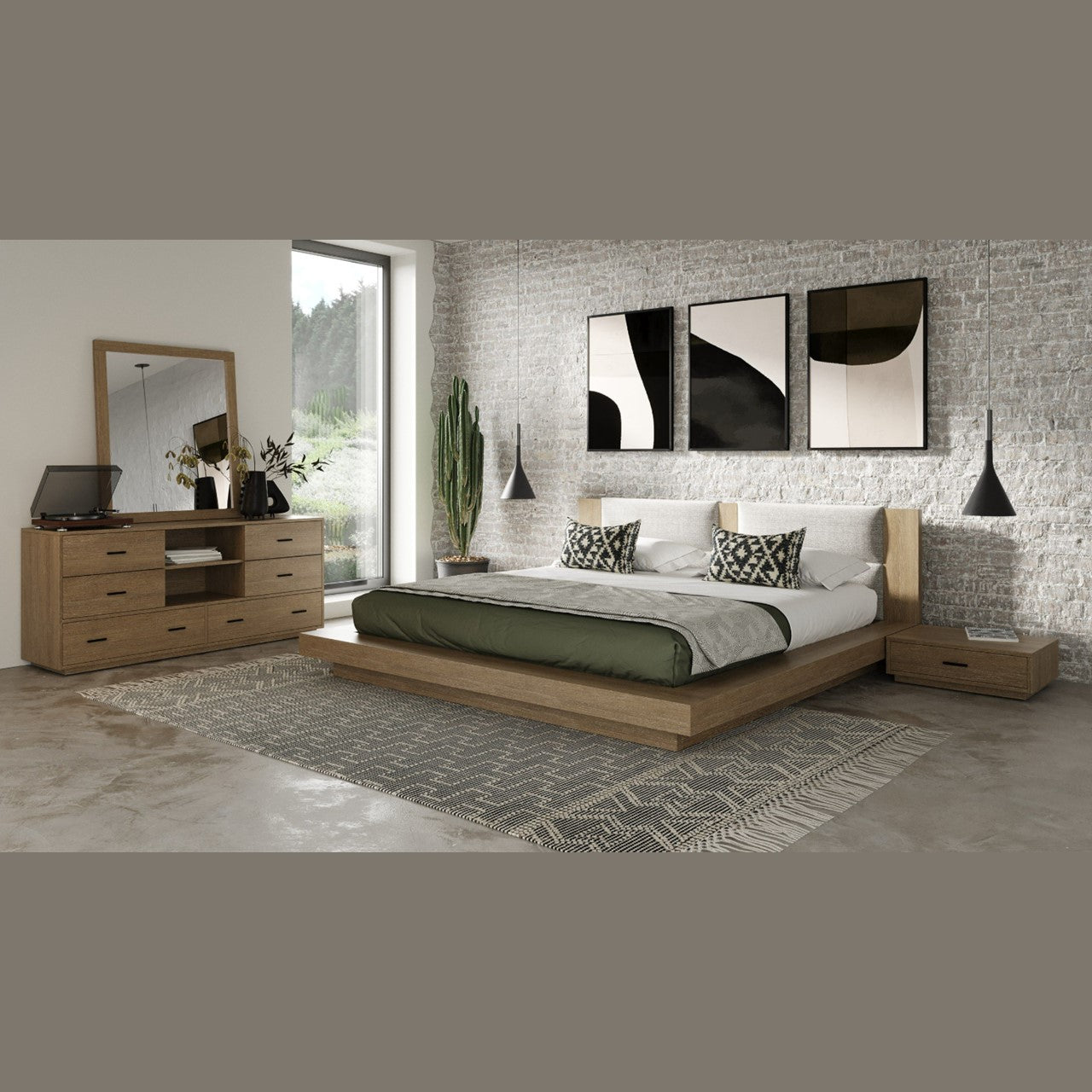 VG - NOVA DOMUS FANTASIA - CONTEMPORARY WALNUT & GREY BED WITH TWO NIGHTSTANDS