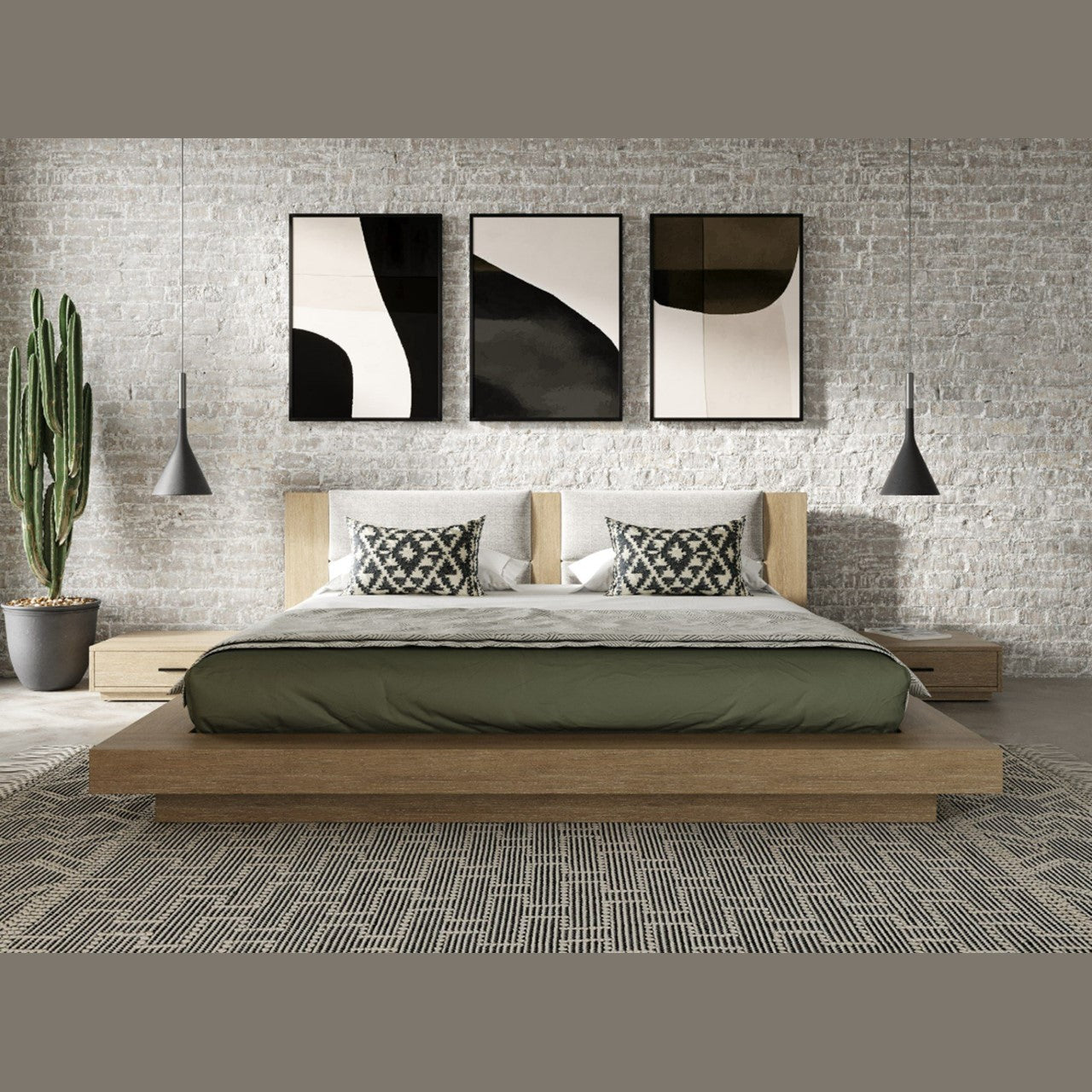 VG - NOVA DOMUS FANTASIA - CONTEMPORARY WALNUT & GREY BED WITH TWO NIGHTSTANDS