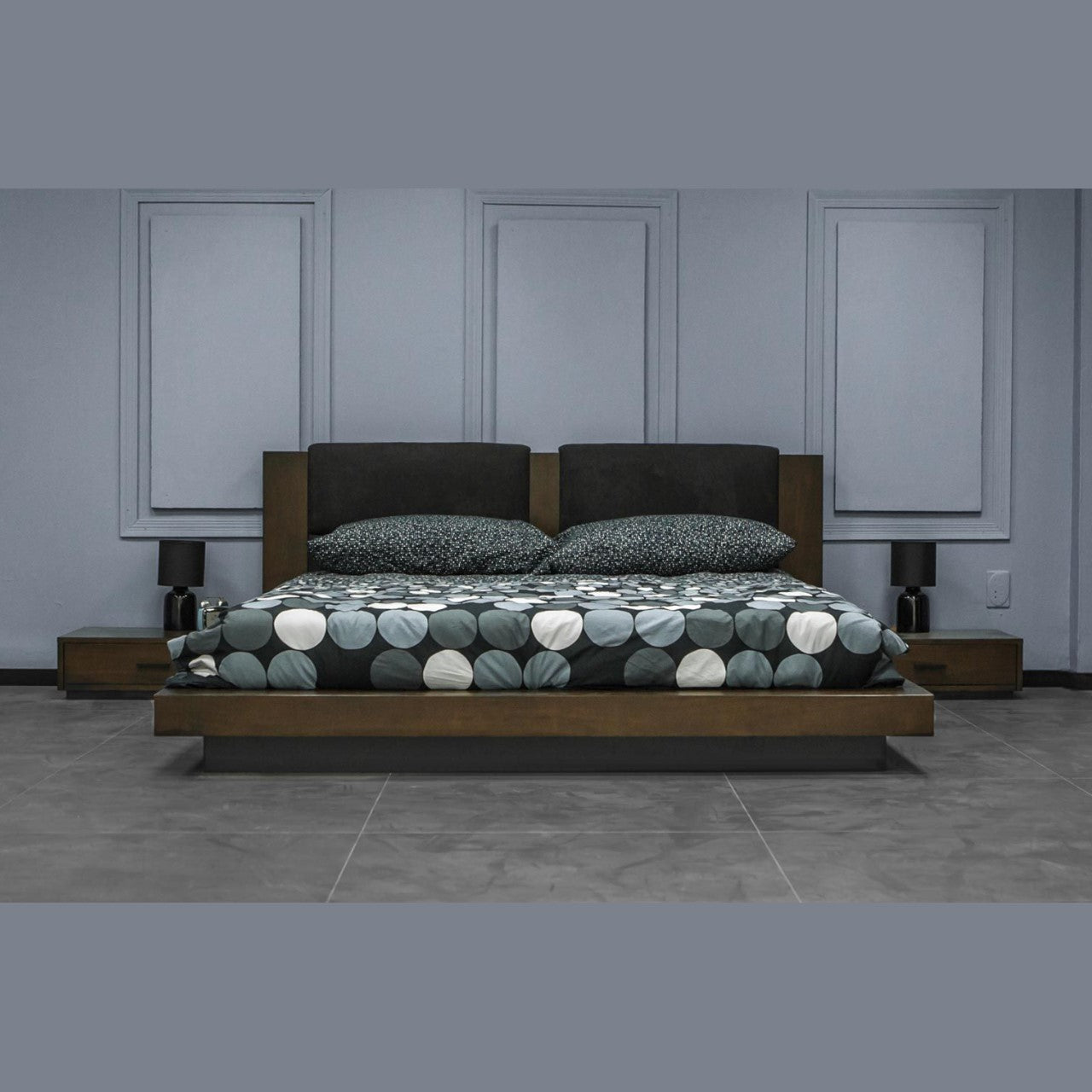 VG - NOVA DOMUS FANTASIA - DARL WALNUT/DARK GREY BED AND TWO NIGHTSTANDS